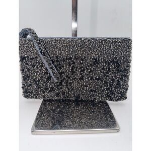 Gunmetal Grey Beaded Wristlet Clutch Evening Bag Metallic Seed Bead Pouch